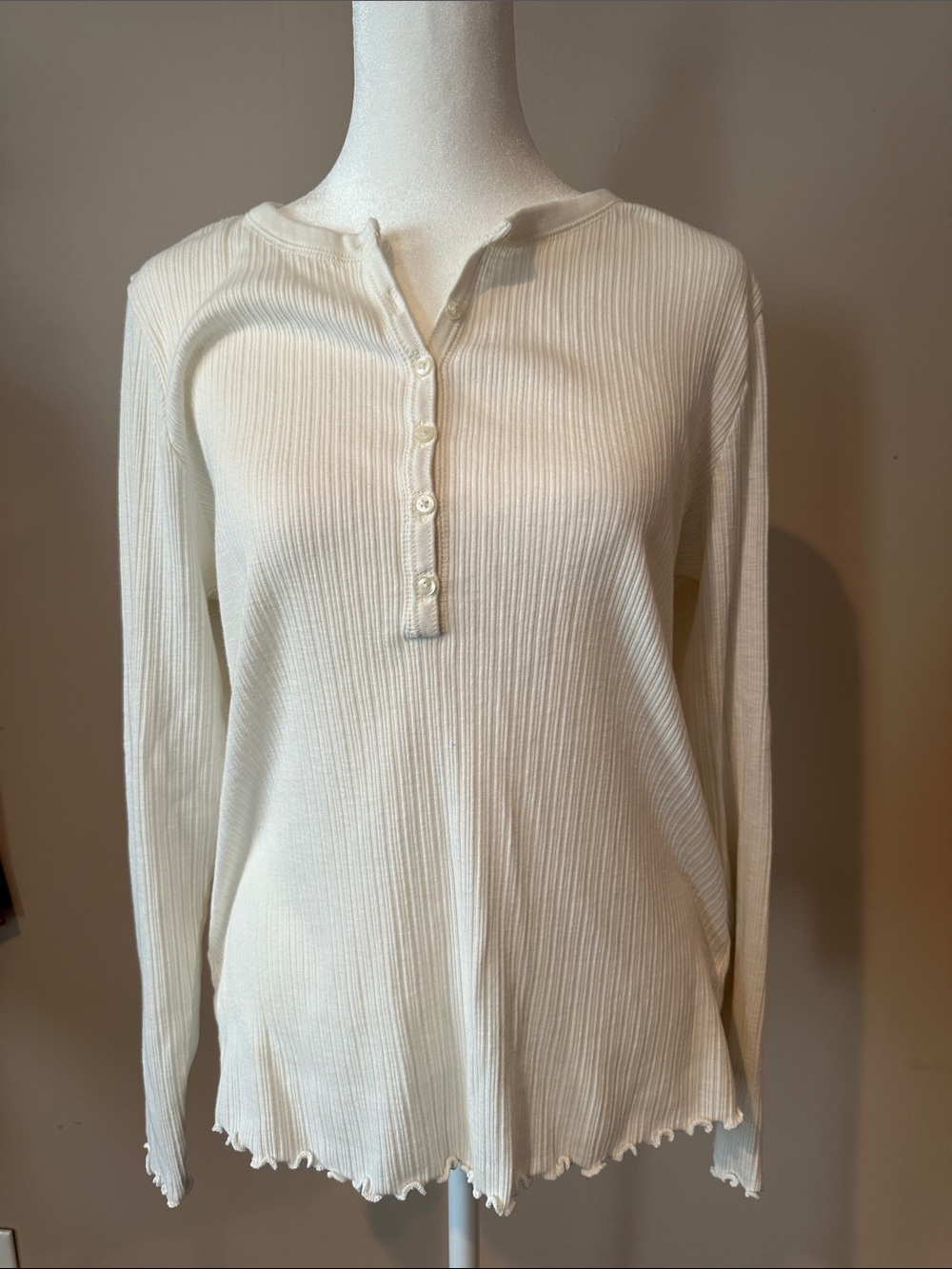 Old Navy Cream Ribbed Henley Long Sleeve Top